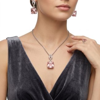 Rose Quartz & Natural Diamond Silver Jewelry Set