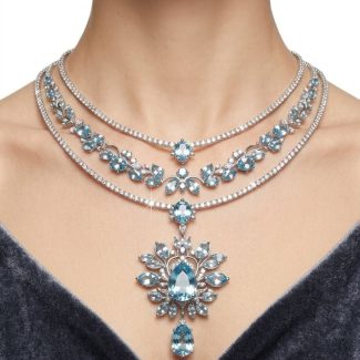 Natural Aquamarine & Lab Diamond Silver Necklace